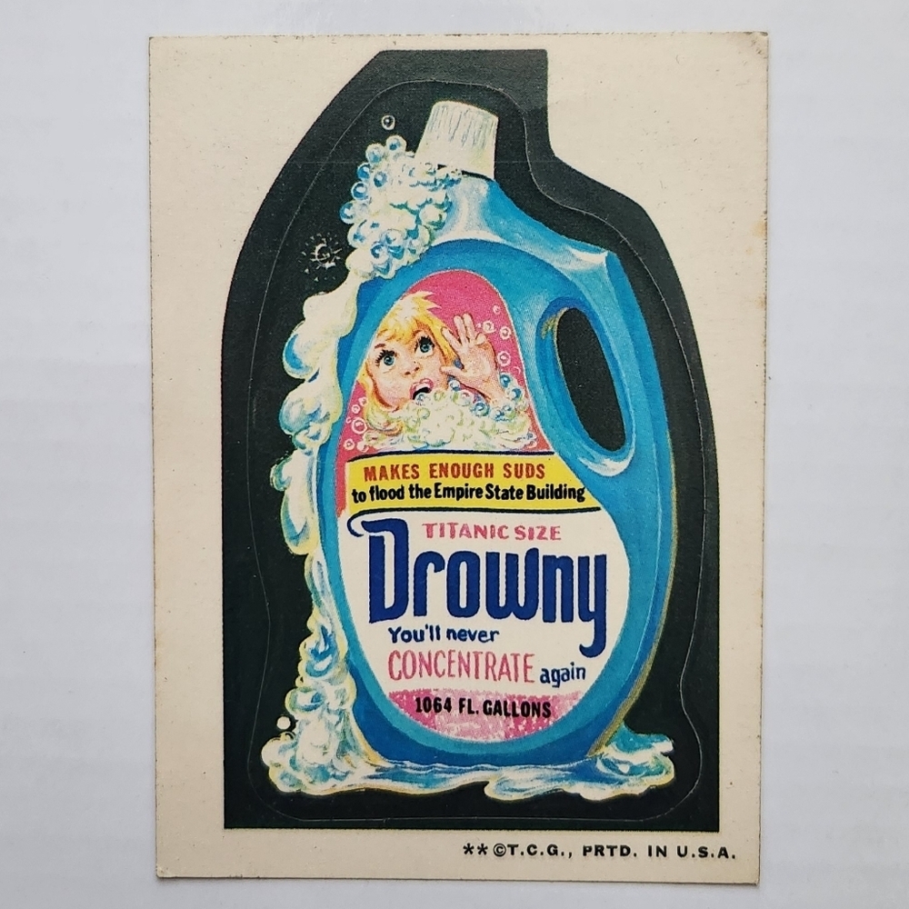 🫧 Vintage 1973 Wacky Packages Sticker - "Drowny" Trading Card Collectible Rare✨